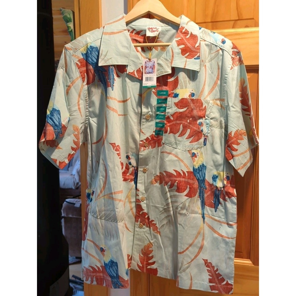 Barefoot in Paradise Men's Lt Blue Bird Hawaiian‎ Button Down Shirt Size Large
